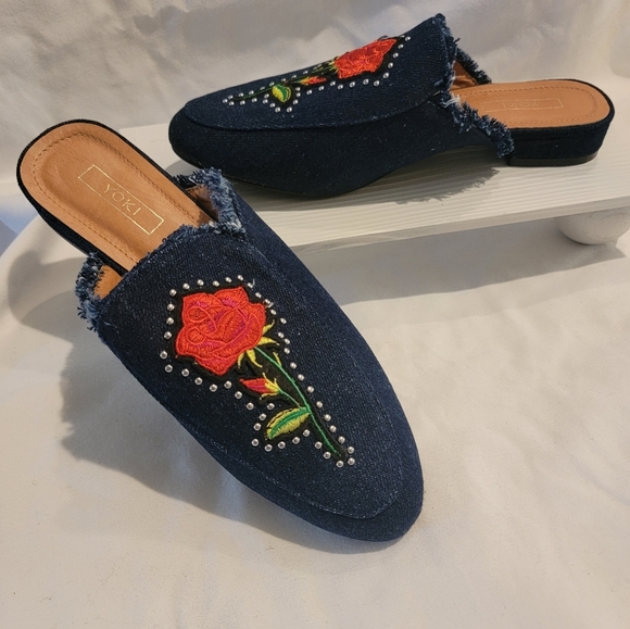 Yoki Shoes - Yoki Dark Denim Studded Rose Mules